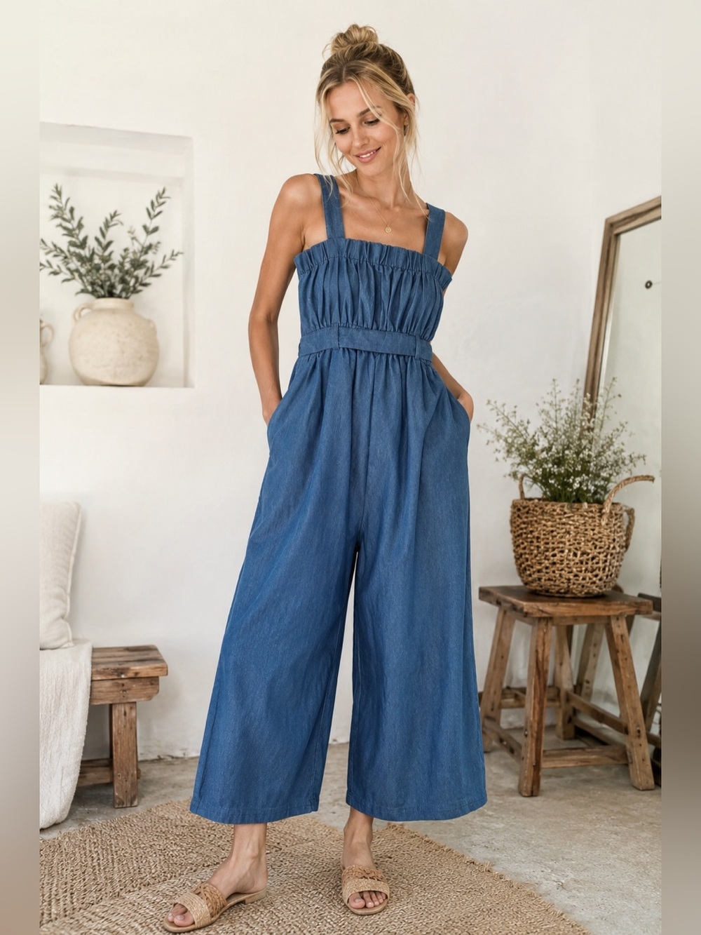 Japanese Minimalist Chambray Wide Leg Jumpsuit Blue Cropped Romper S / M